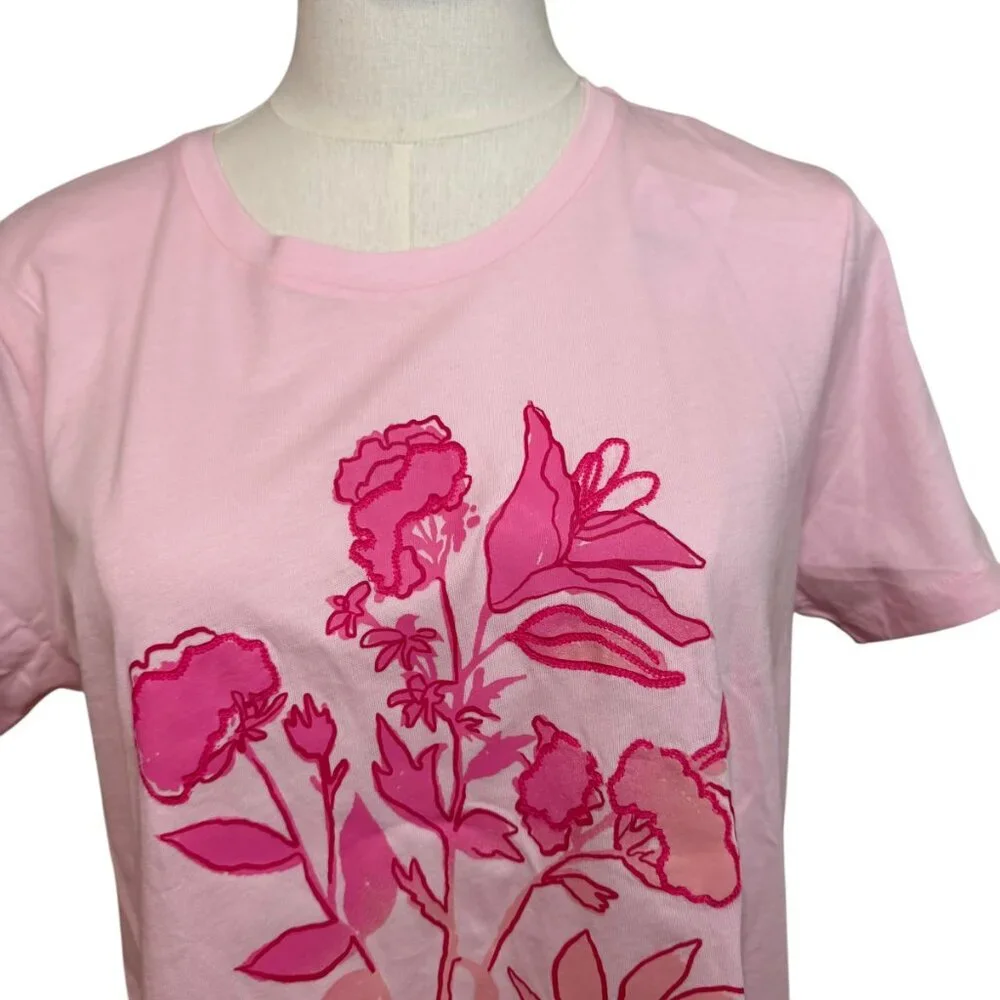 J. Crew Pink short sleeve tee shirt with hot pink floral detail.  Size S